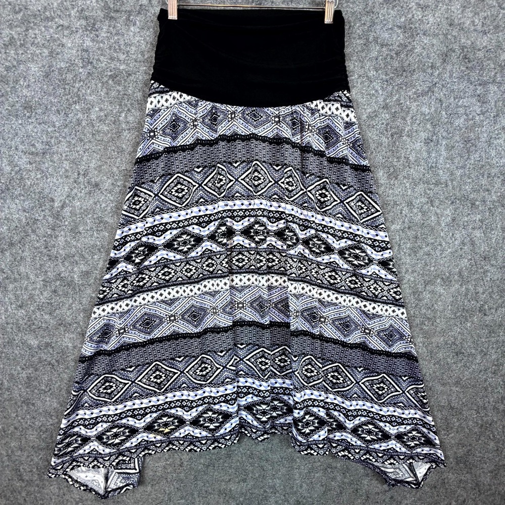AB Studio Midi Skirt Women XL Geometric Black Blue Stretch Sharkbite Hem Y2K 90s